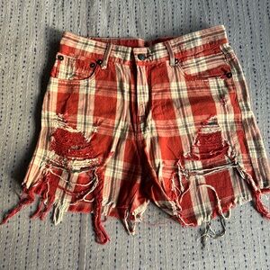 R13 red plaid distressed shorts
